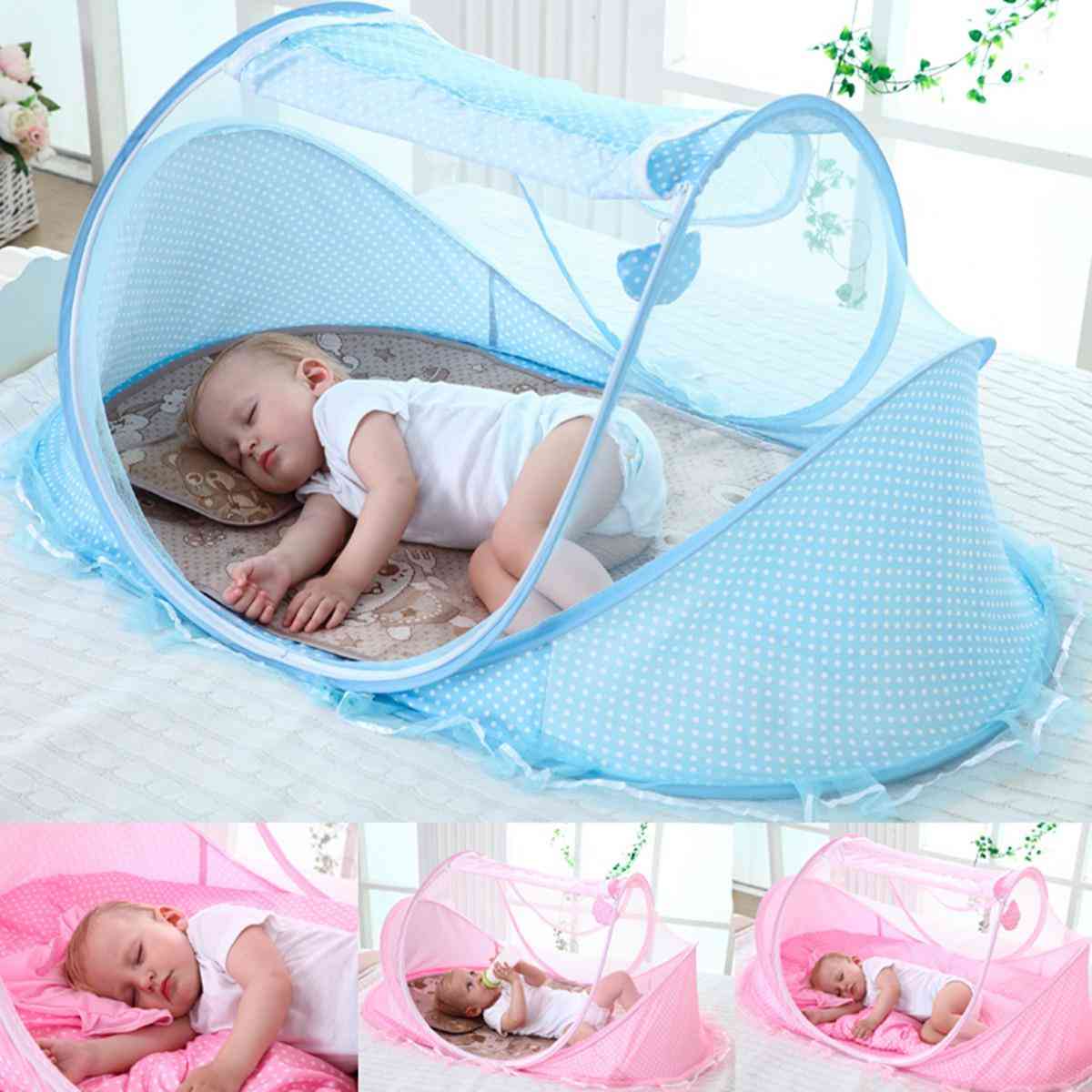 Baby Reisebett Kinderbett Zelt Baldachin atmungsaktives Moskitonetz Schlafbett mit einem Kissen für 0-18 Monate - blau