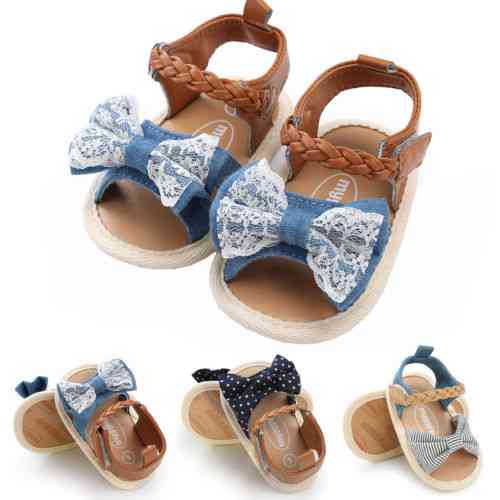 Sandali con fiocco in pizzo da bambina principessa nuova estate, tacchi piatti, scarpe - bianco blu / 0-6 mesi
