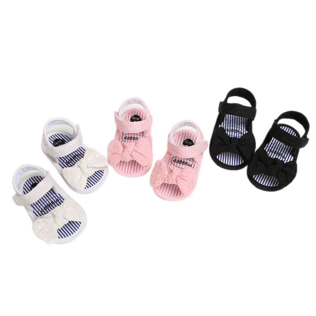 Sandalias planas de princesa planas con suela blanda antideslizante y punta abierta de verano para niñas pequeñas con lazo - negro / 0-6 meses