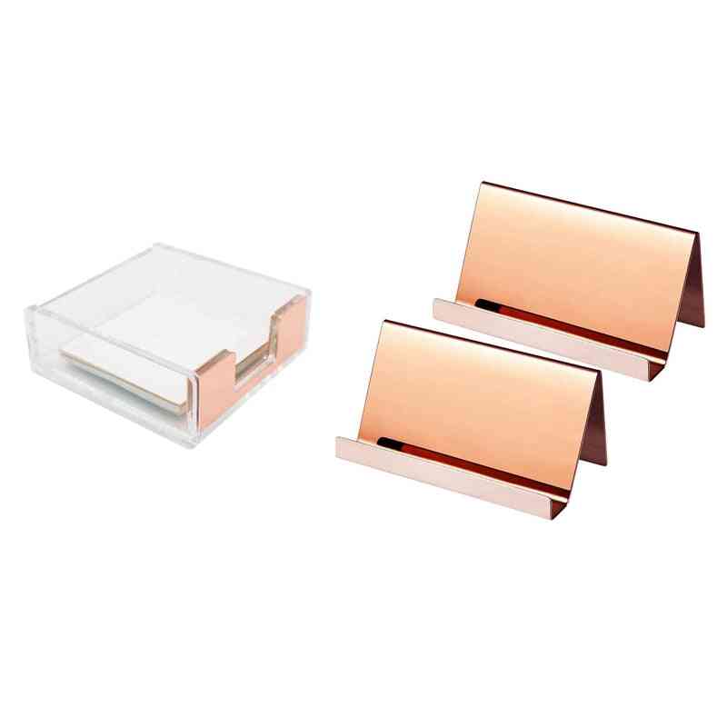 Stainless Steel Business Cards Holders, Clear Acrylic Rose Gold Self-stick Note Pad Box