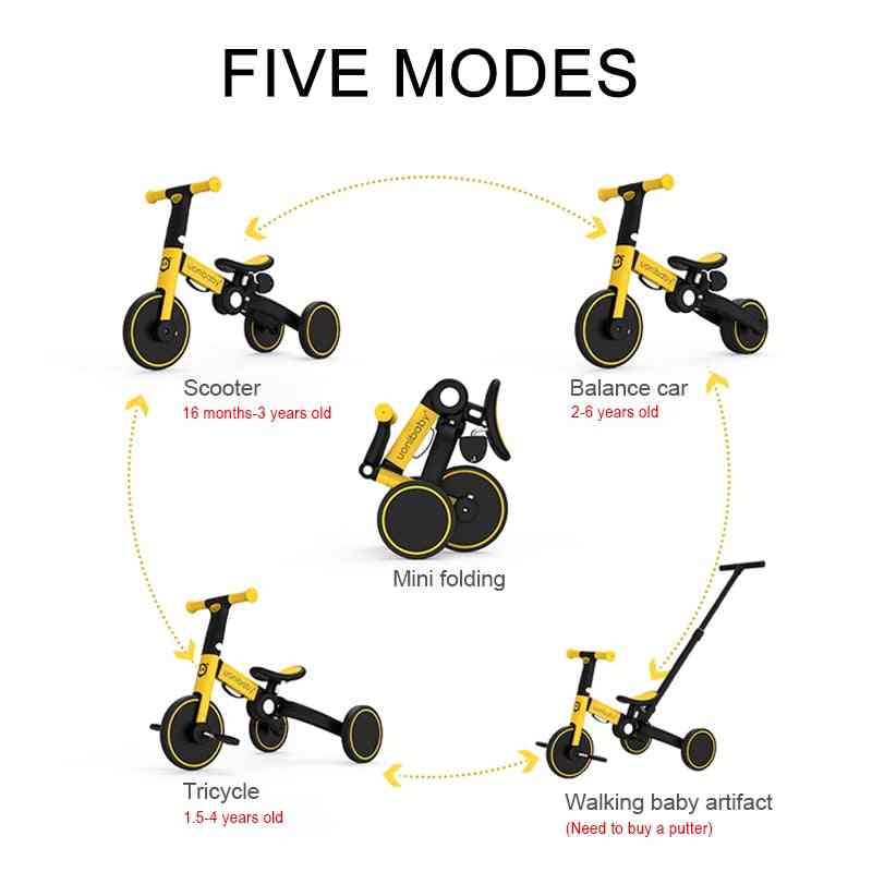 5-i-1 sammenklappelig balance cykel trehjulet cykel, børns gåture klapvogne, bærbar cykel til baby / børn