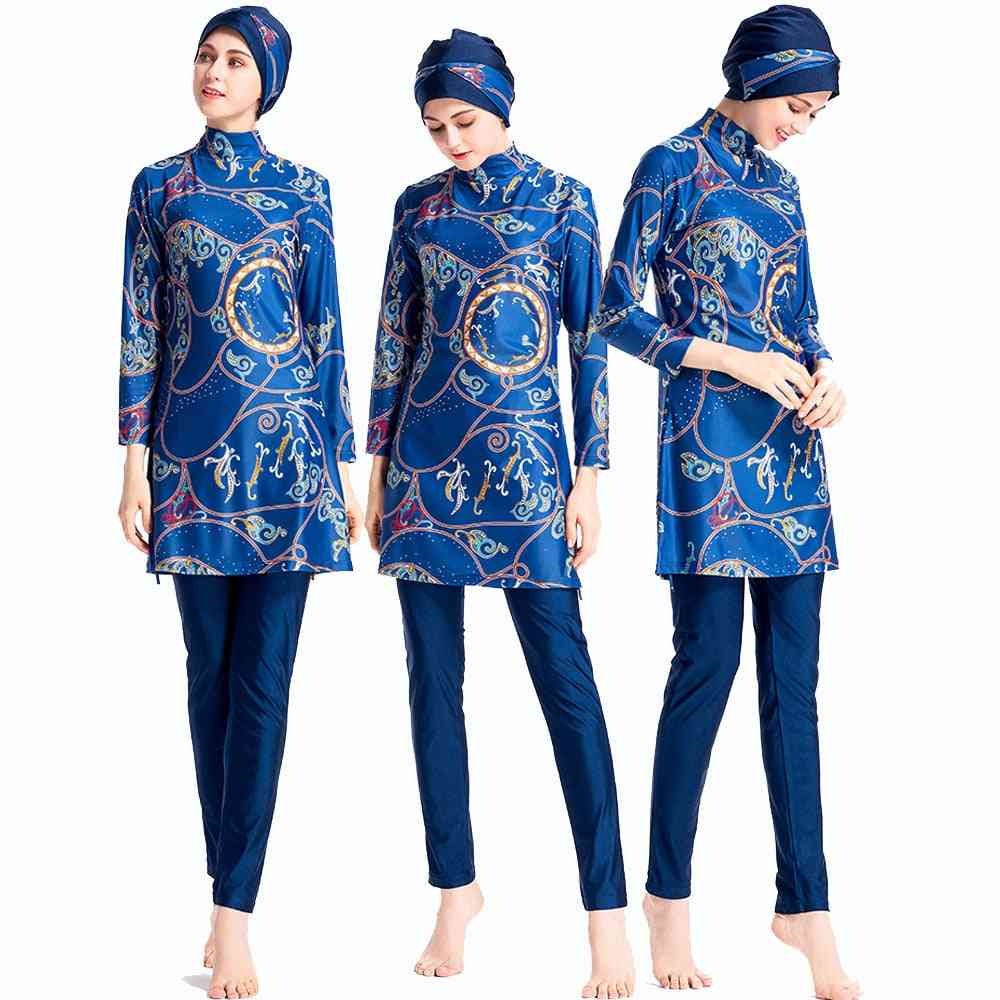 Muzułmański strój kąpielowy z nadrukiem moda hasema bez wkładki stroje kąpielowe dla islamskich kobiet stroje kąpielowe - niebieski / s