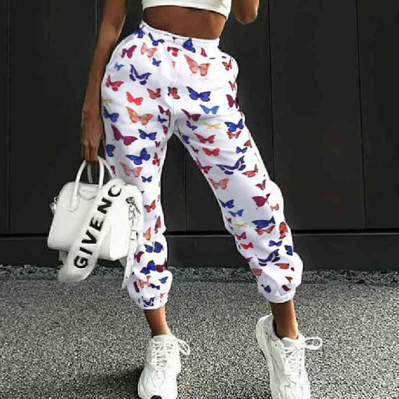 Moda sport jogger, imprimeu pantaloni casual largi femei buzunar cu talie înaltă - pantaloni creion hip hop