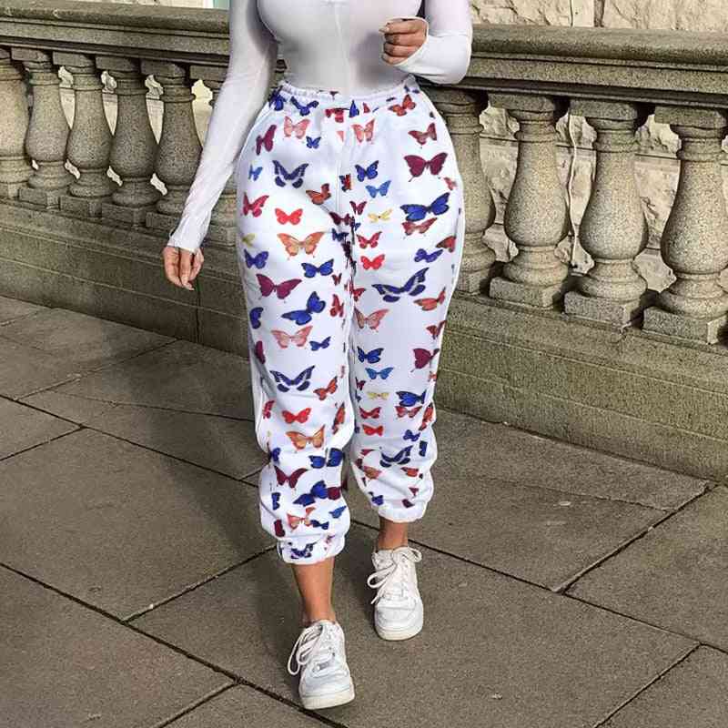 Modni sportski jogger print široke ležerne hlače žene, džepne hip-hop olovke s visokim strukom