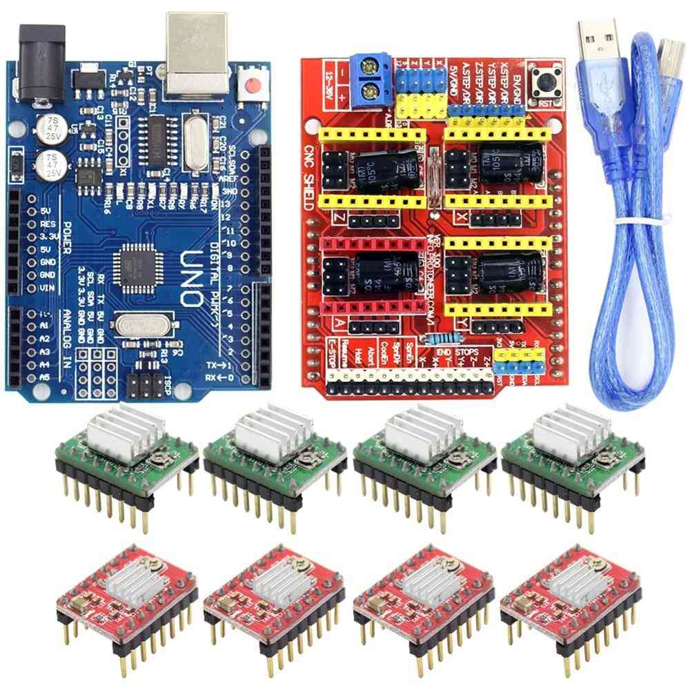 Cnc shield rozszerzenie board v3.0 + uno r3 board with usb for arduino + 4pcs stepper motor driver a4988 kits for arduino