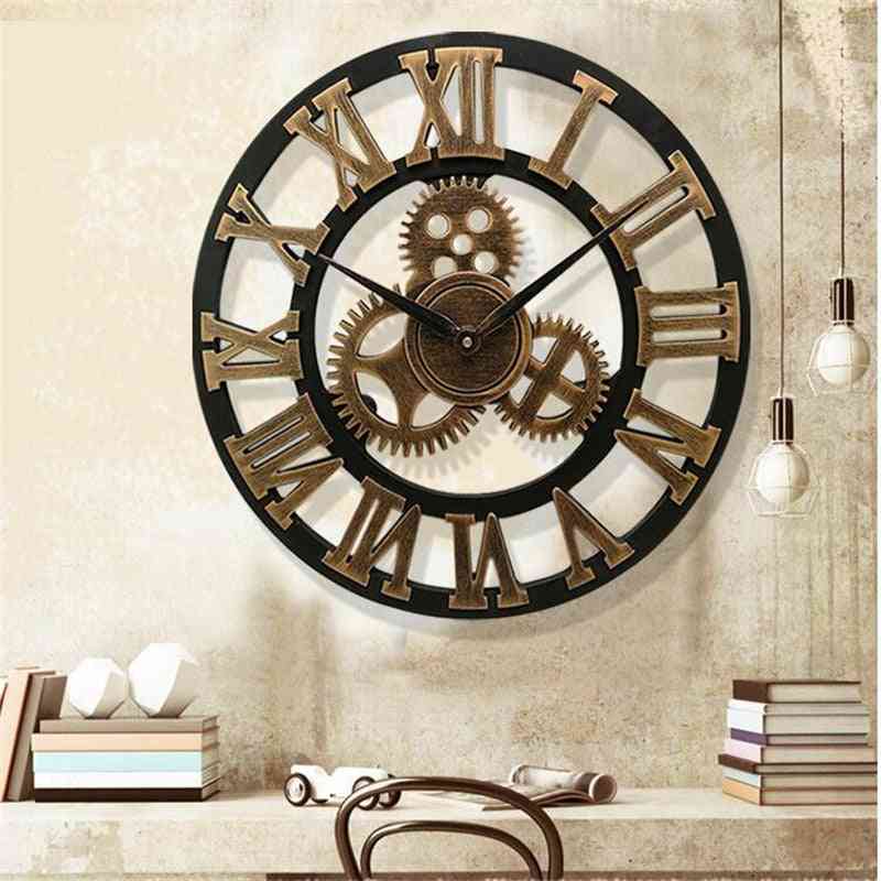 3d Large Classic Vintage Wooden Wall Clock, Retro Gear Hanging Roman Numeral European Style Decor