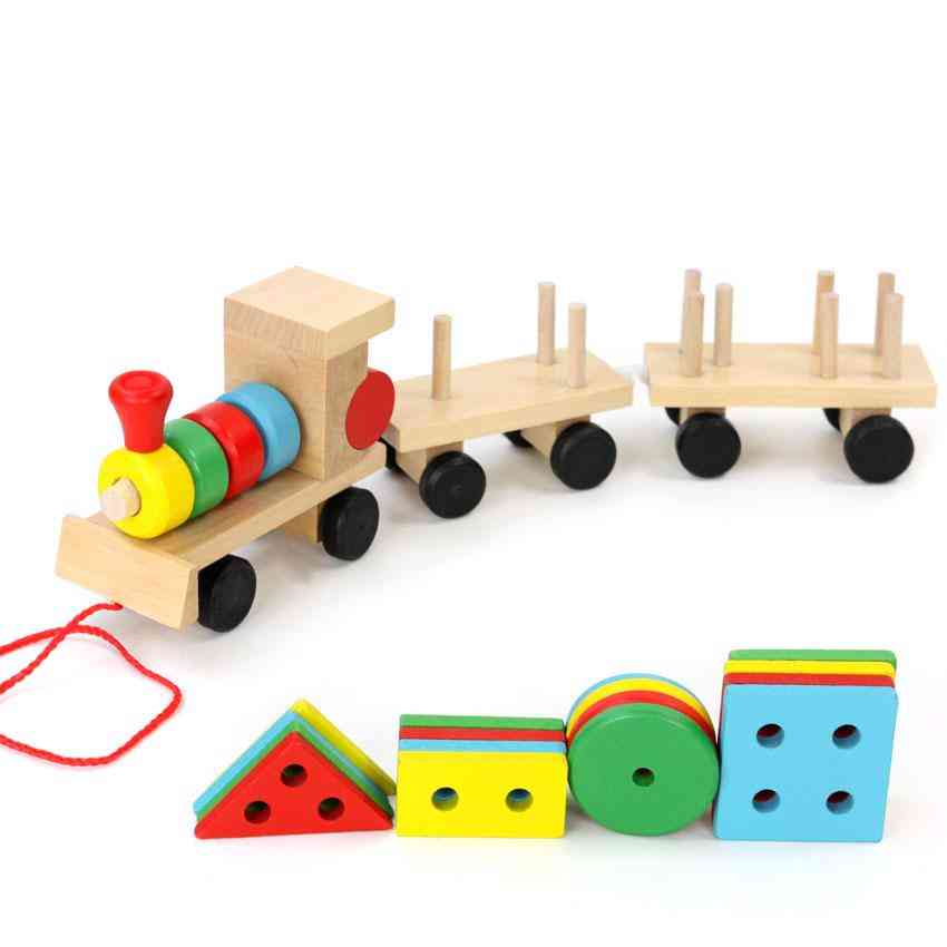 Small Wooden Train And Dragging Three Carriage Geometric Shape Matching, Early Childhood Educational Diecasts