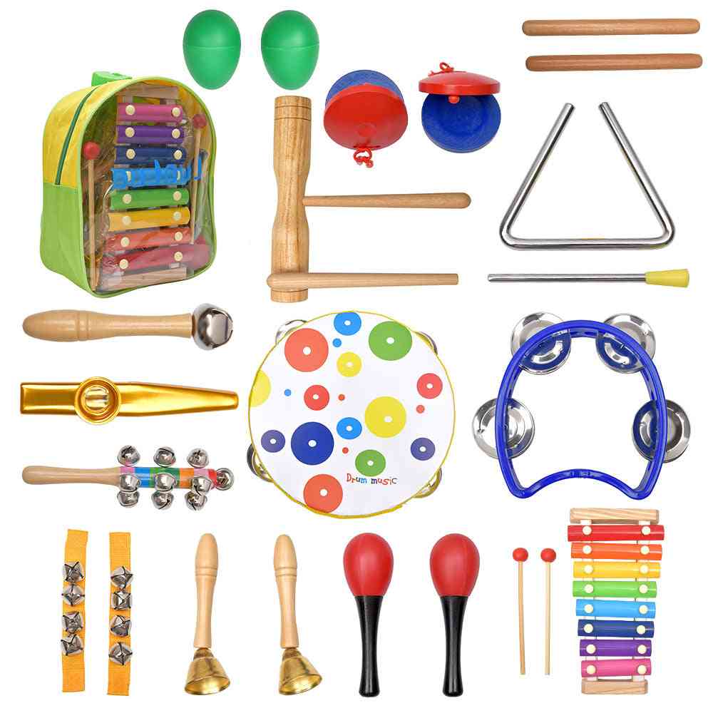 Percussion musikinstrument sæt, rytme og musik småbørn uddannelsesbånd sæt, træskramler legetøj til børn (19 stk)
