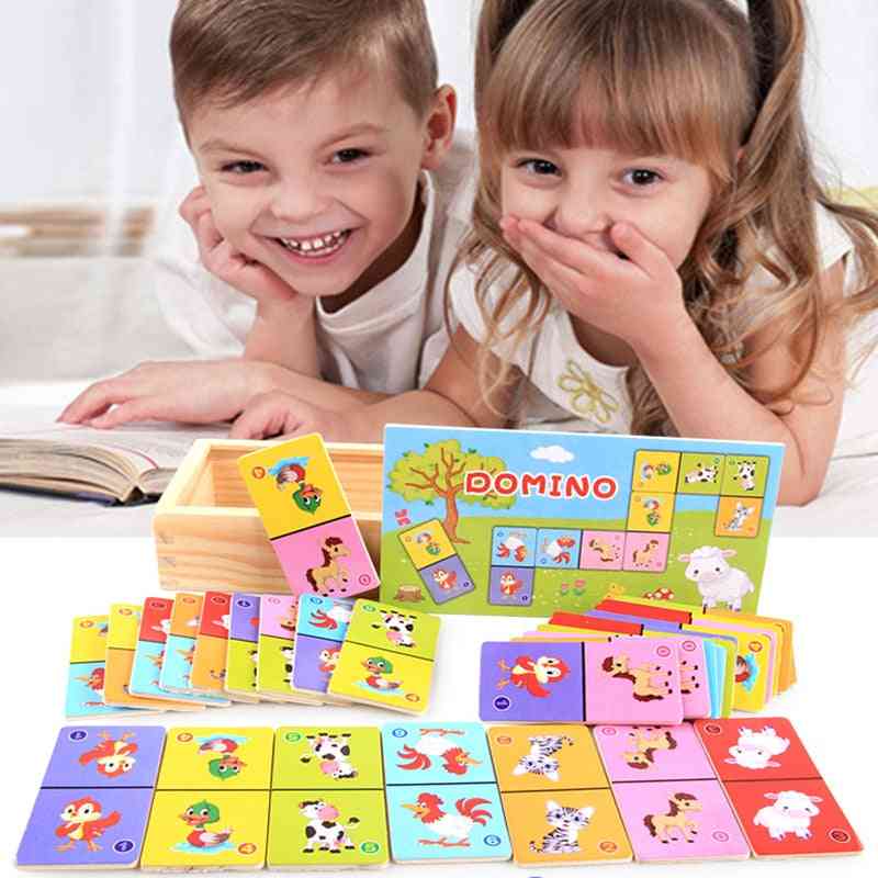 Houten dier puzzel 28 stks-kinderen cognitieve dier solitaire domino bordspel, vroeg leren puzzel baby puzzel speelgoed cadeau-
