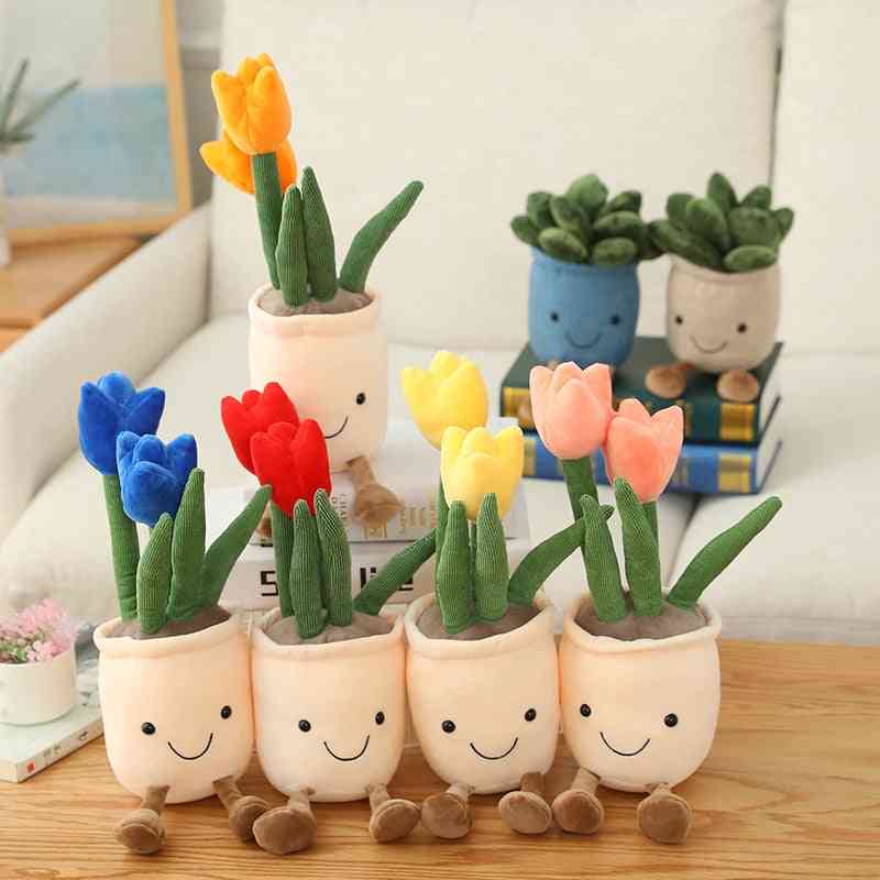 Plantas de tulipán realistas juguetes de decoración de peluche de felpa, decoración de estantería suave-muñeca creativa almohada de flores en maceta para niñas