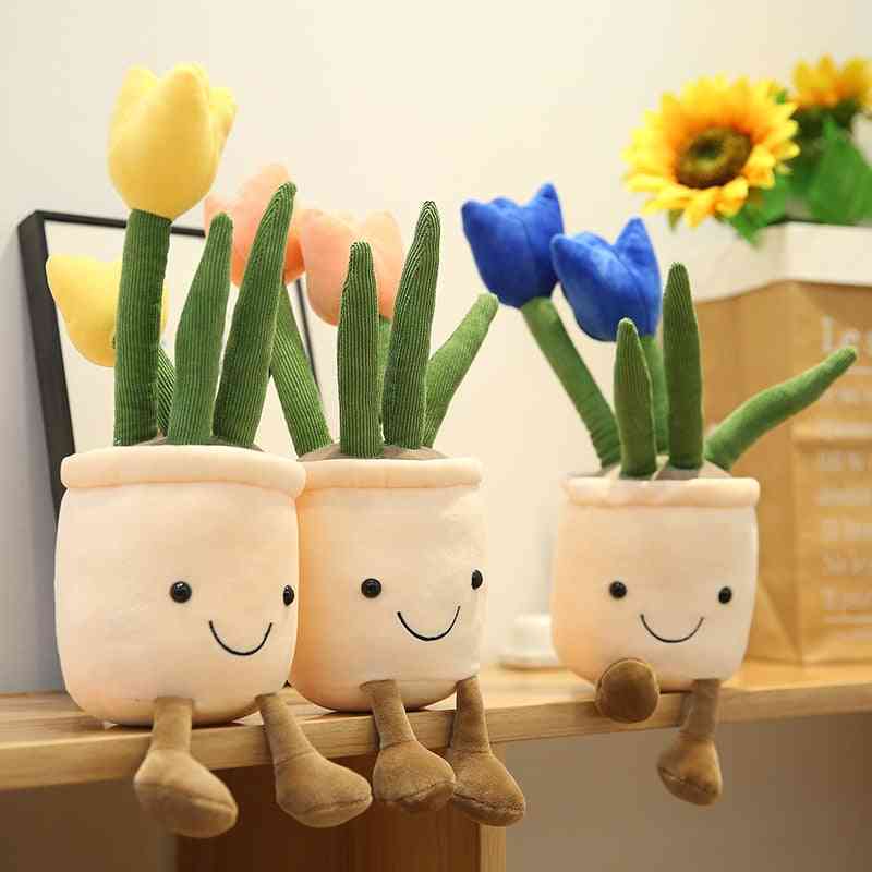 Plantas de tulipán realistas juguetes de decoración de peluche de felpa, decoración de estantería suave-muñeca creativa almohada de flores en maceta para niñas