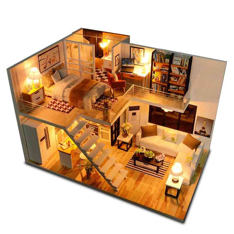 Wooden Miniature Doll Houses With Furniture Led Lights