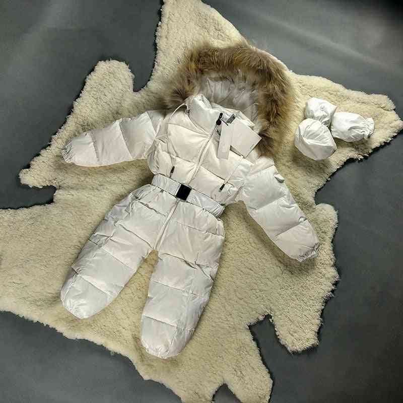 Casacos de inverno para bebês, meninos meninas macacão de neve branco com enchimento de penas de pato e gola de pele verdadeira