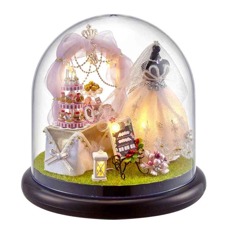 Cute House Miniature With Furniture, Led Music Dust Cover Model Building Blocks Toy