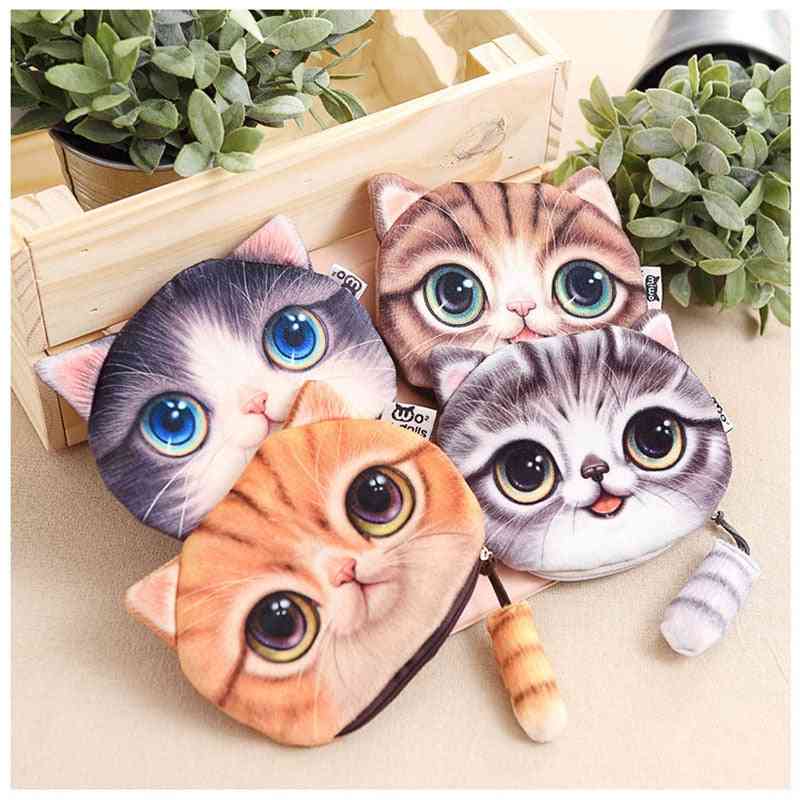 Double Side Cat Head Printed, Soft Plush Coin Purse With Tail