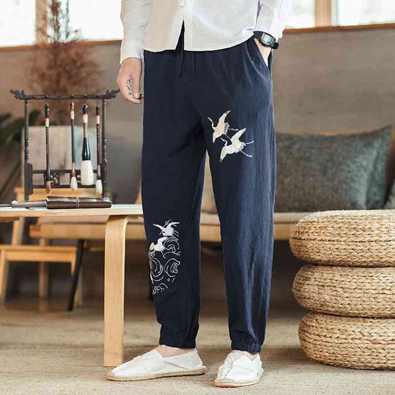 Calças estilo chinês novo bordado de linho masculino guindaste de fada algodão e linho