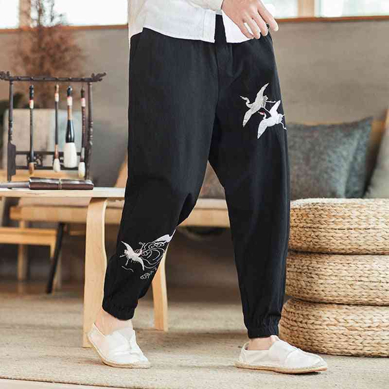 Men's Linen And Cotton Embroidered Trousers With Elastic Waist