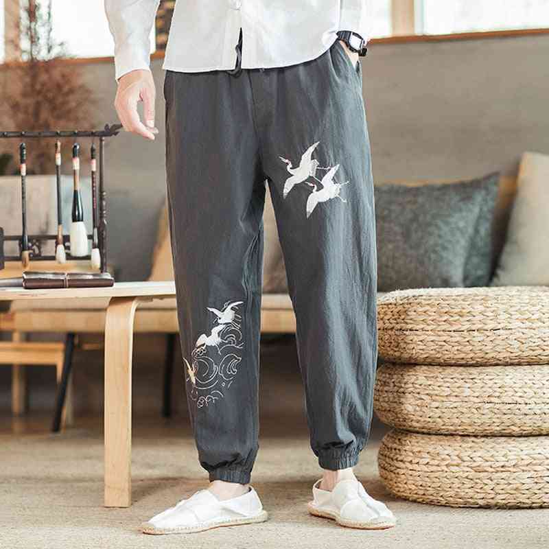 Men's Linen And Cotton Embroidered Trousers With Elastic Waist