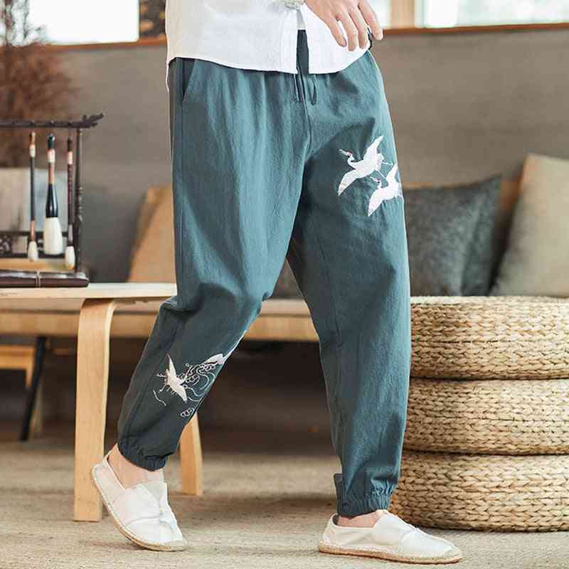 מכנסיים בסגנון סיני רקמת פשתן חדשה לגברים כותנה מנוף ופשתן