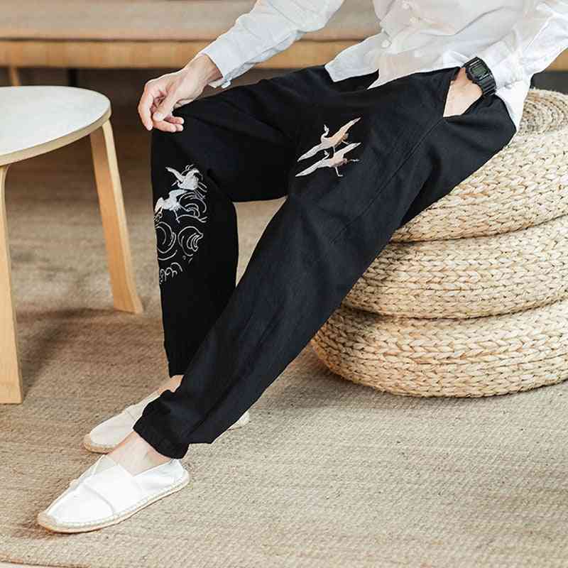 Pantalones de estilo chino para hombre nuevo bordado de lino hada grulla algodón y lino