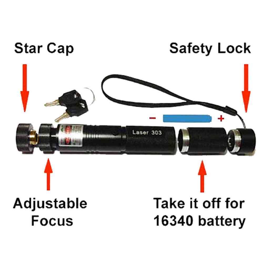 Nastavitelný zaostřovací zelený laser s hvězdicovou čepičkou, klíči, nabíječkou a baterií