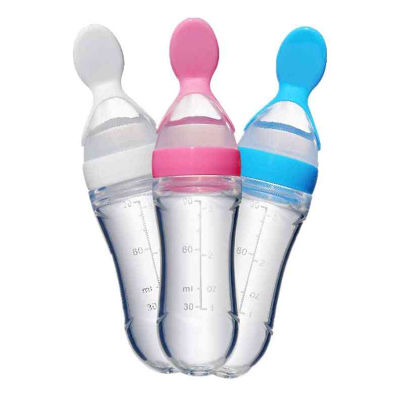 Silikónová lisovacia fľaša s pripevnenou lyžičkou na kŕmenie dojčiat