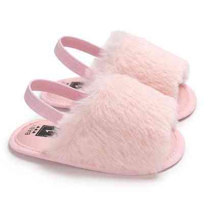 Newborn Baby Girl Soft Sole Crib Shoes- Cute Fluffy Fur Summer Slippers Sandals