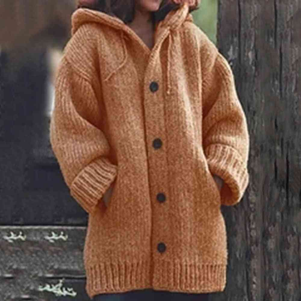 Dámsky dlhý sveter z pevného pleteného svetra s kapucňou plus