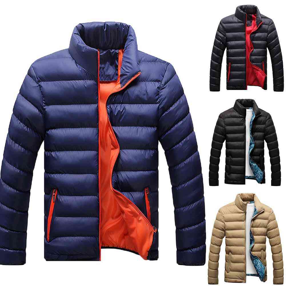 Men Casual Solid Color Zipper Stand Collar Long Sleeve Jacket Cotton Padded Coat