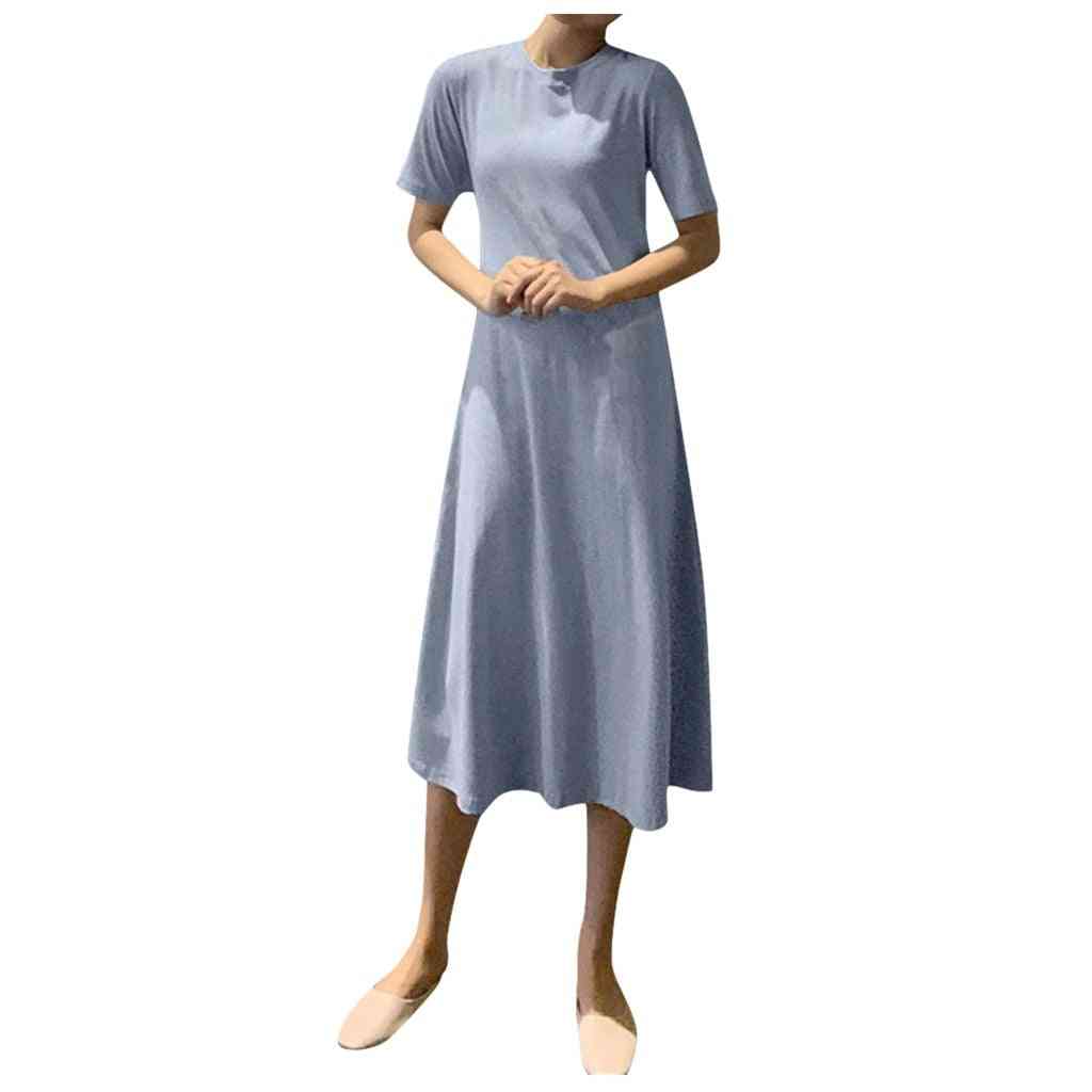 Women Summer O-neck Short Sleeve Solid A-line Long Dress