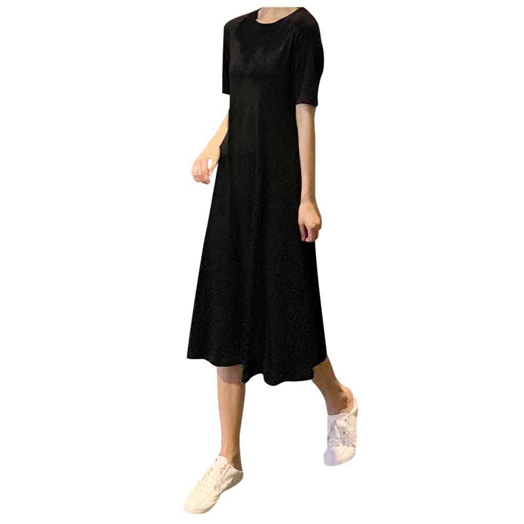 Frauen Sommer O-Ausschnitt Kurzarm solide A-Linie langes Kleid