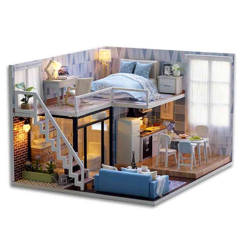 Diy Wooden Doll Houses Miniature Kit With Led Lights For Children