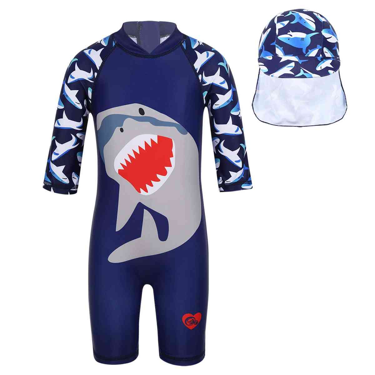 Boys Surfing Swimwear Shark Pattern Printed Suit With Swimming Cap