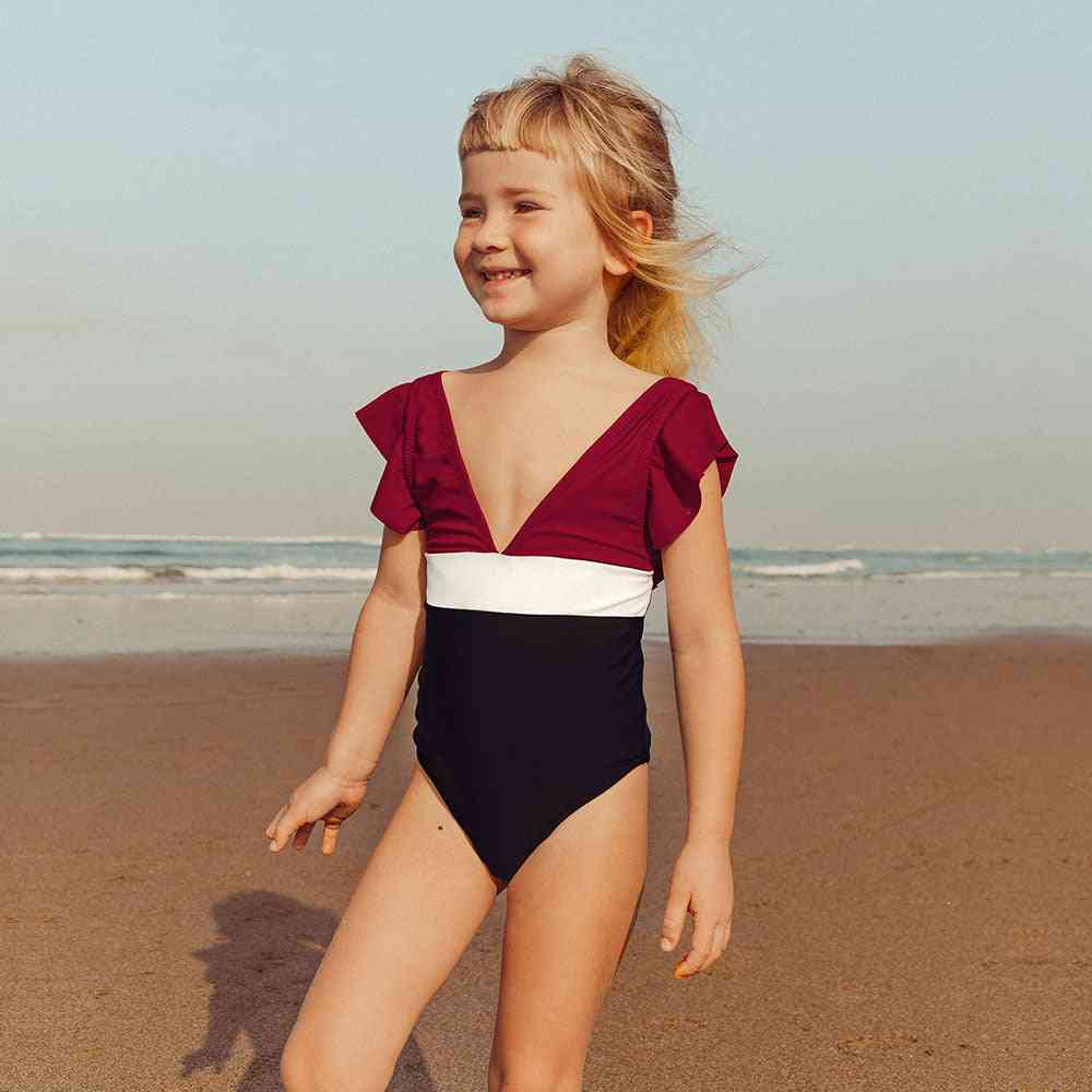 Girl's V-neck One-piece Swimsuit- Bathing Suit