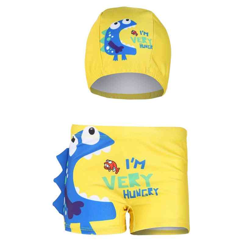 Cartoon Diansours Printed-summer Swimming Shorts And Hat For