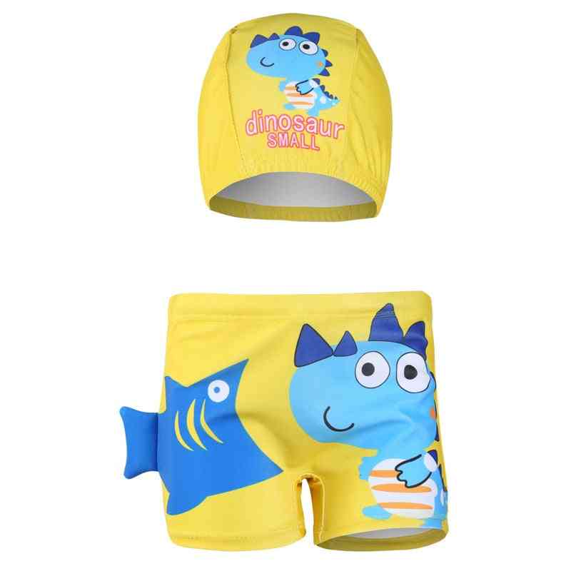 Cartoon Diansours Printed-summer Swimming Shorts And Hat For