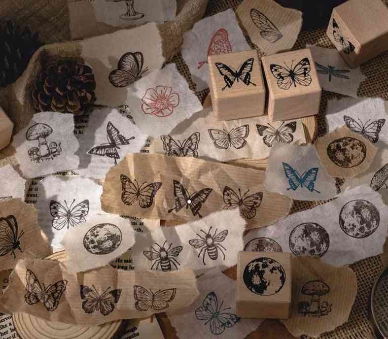 Timbre de serie vintage de ierbariu forestier, plantă creativă de fluturi