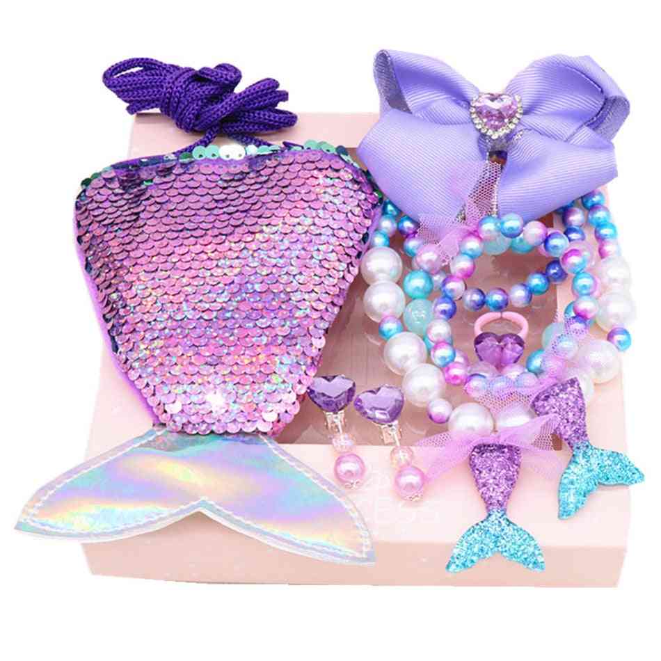 Mermaid Jewelry Set, Sequins Purse Necklace Bracelet Bow Hair Clip Shell Earring