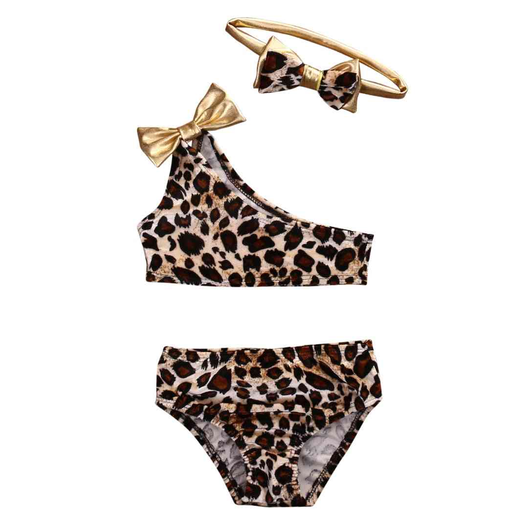 3 stk barn leopard off-shoulder bue bikini sett, badetøy badedrakt klær