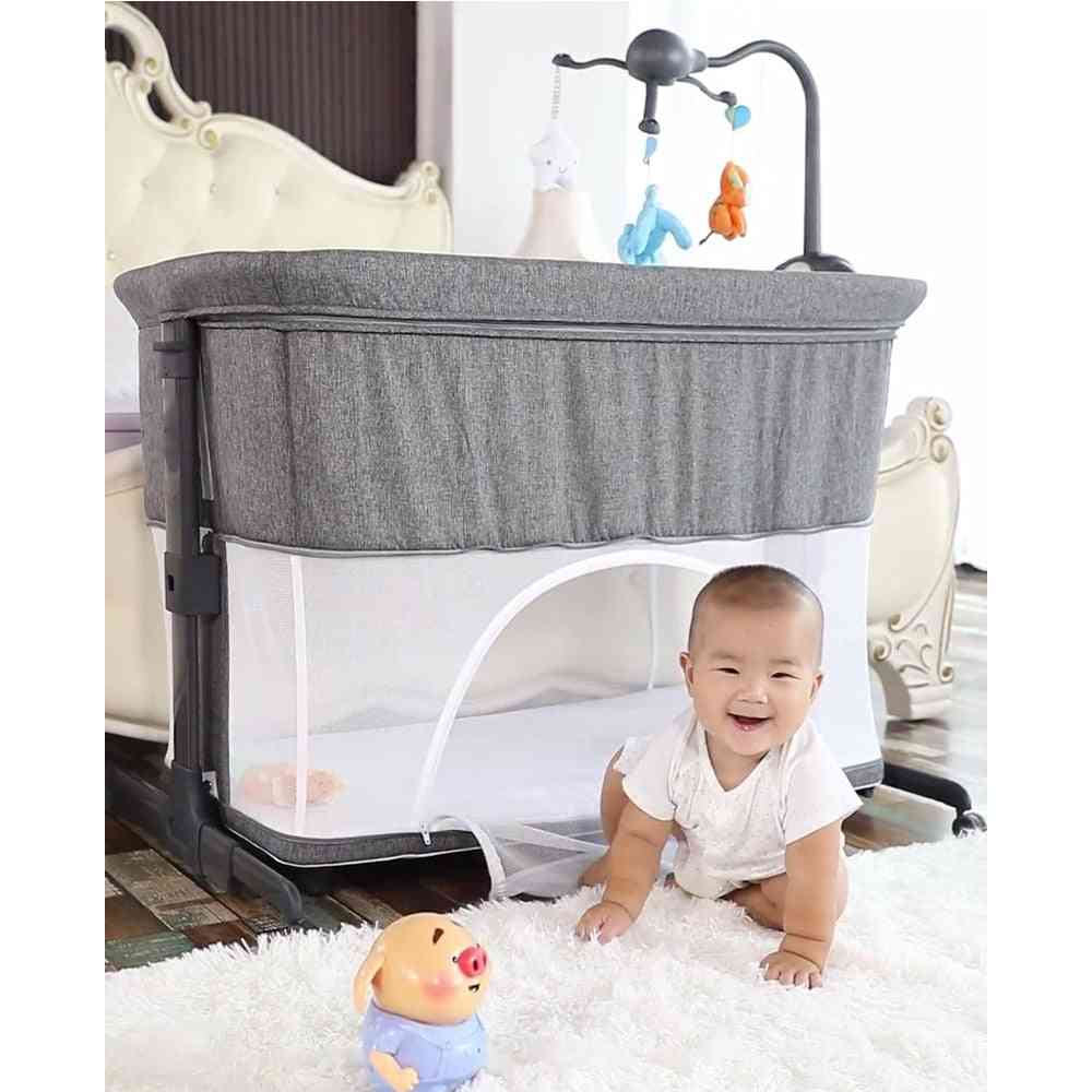 Newborn Solid Wood Bedside Crib, Portable Splicable With Mosquito Net