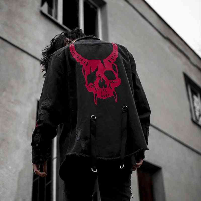 Harajuku Gothic Dämon Jäger Schädel Jeansjacke Männer Rock Punk Heavy Metal Sweatshirt Sudadera Hosenträger Loch Streetwear