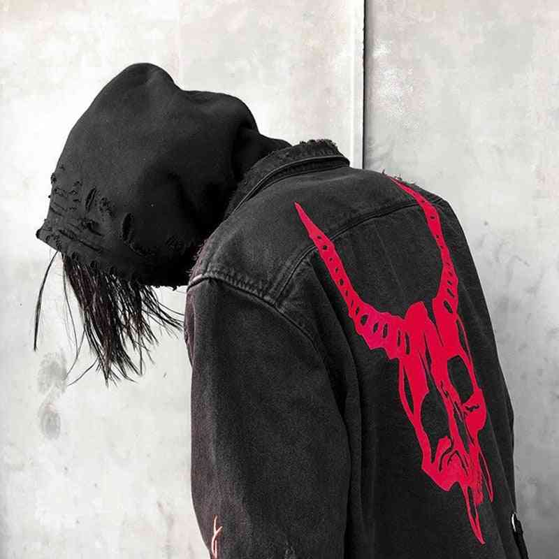 Harajuku gothic demon hunter skull jaqueta jeans masculina rock punk heavy metal moletom sudadera suspensórios buraco streetwear