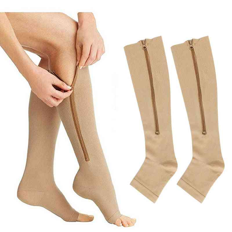 Calcetines de ciclismo largos de presión deportiva, calcetines gruesos de mujer con soporte de pierna profesional con cremallera