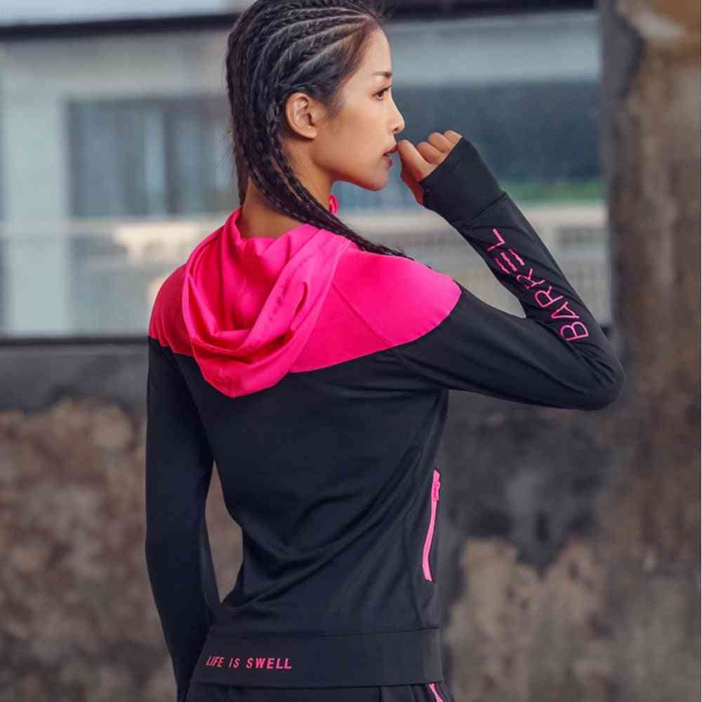 Hooded Women Running Jacket With Thumb Hole-zipper Fitness Cloths