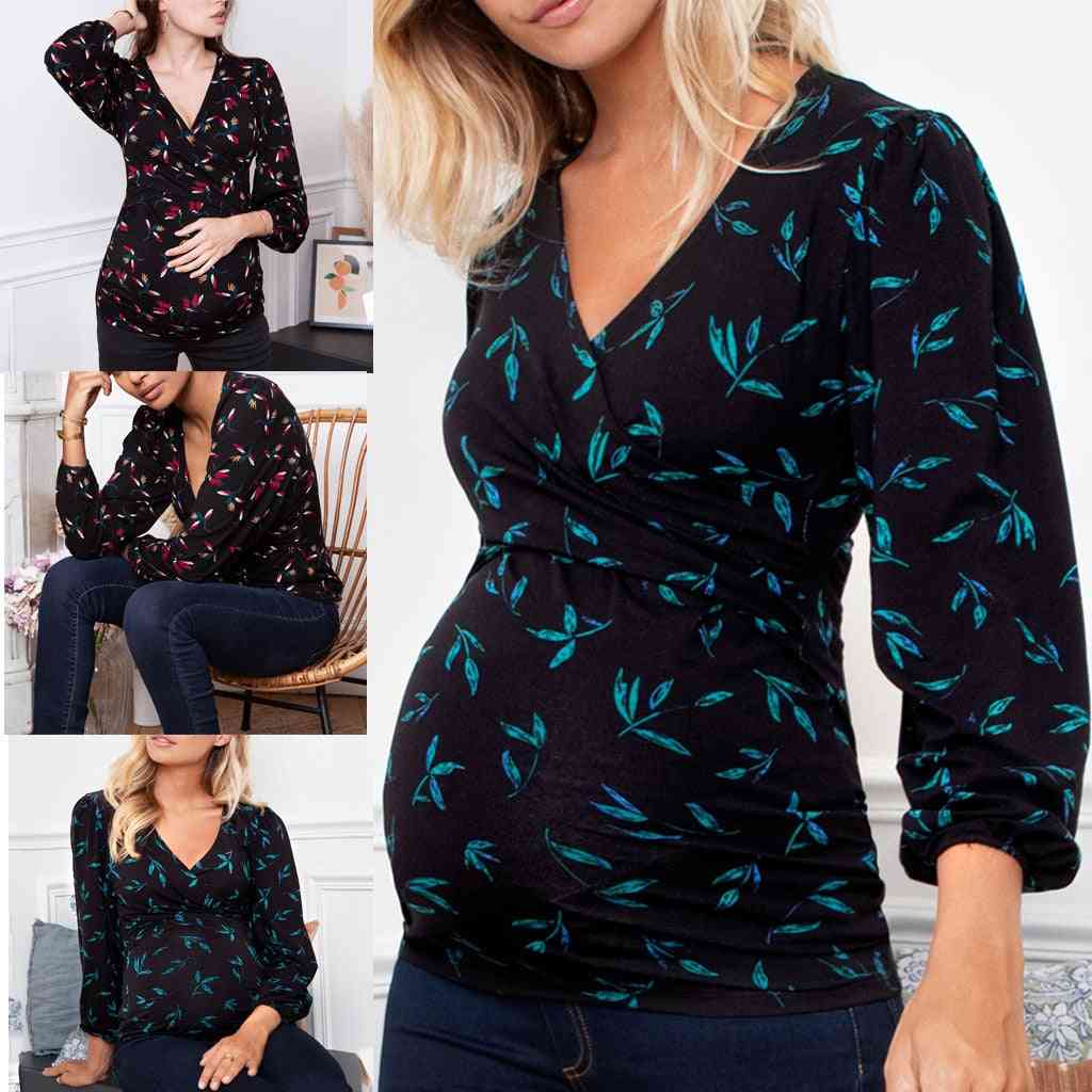 Umstandsmode / Nusring V-Ausschnitt Langarm Rüschen bedruckte Bluse Tops für Frauen