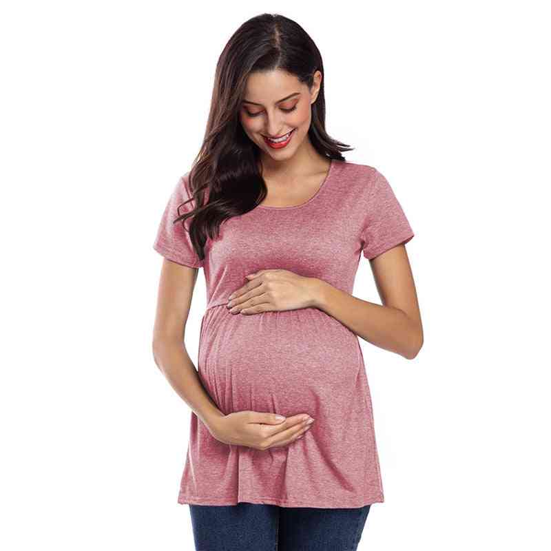 Pregnant Blouses Maternity Clothes Striped Short Sleeve Loose Pleated Pregnancy Shirt