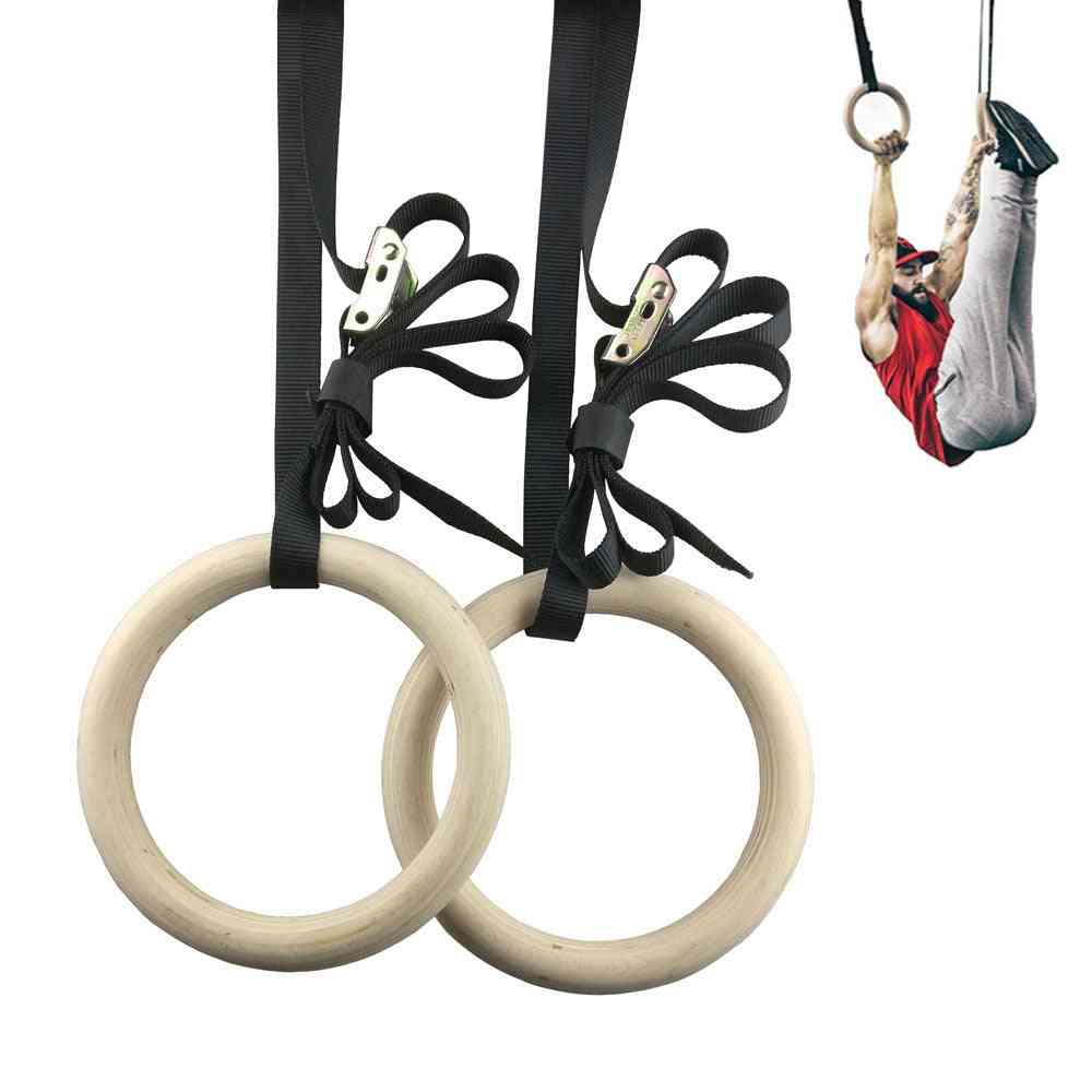 Professional Wood Gymnastic Rings With Adjustable Long Buckles Straps Workout
