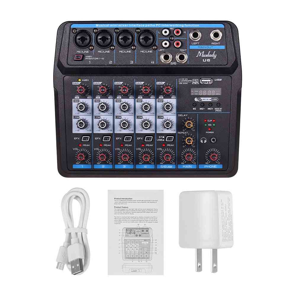 Musical Mini Mixer 6 Channels Audio Mixers, Usb Mixing Console With Usb Mixing Console With Sound Card, Phantom Power