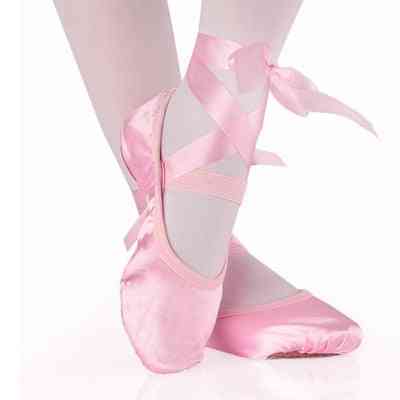 меки балетни обувки-копринени пуанти с панделка за