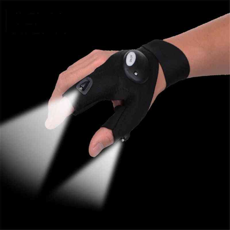 Fingerless Glove With Led Flashlight Camping Hiking Hunting Left/right Hand Fishing Magic Strap